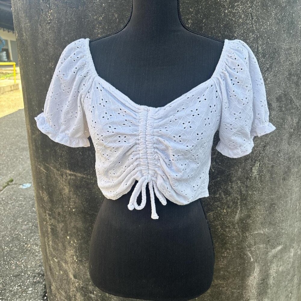 White Eyelet Peasent Crop Top Womens XL Boho Summer Beach Strechy